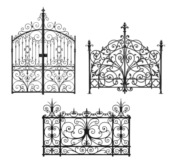Samling av svarta smidda grindar med dekorativa galler — Stockfoto