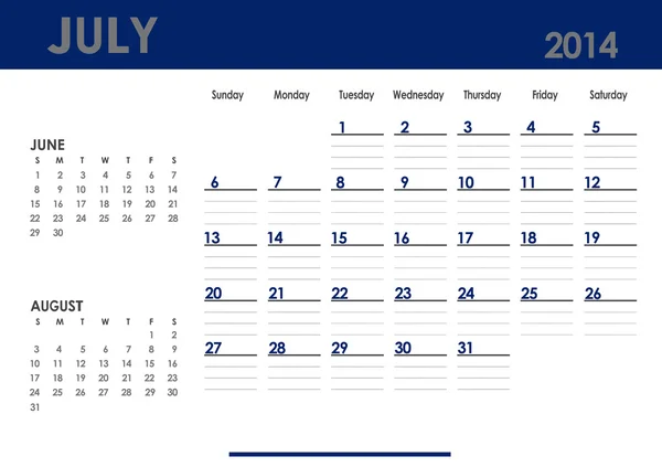 Monthly calendar for 2014 year - July. — Stock Photo, Image