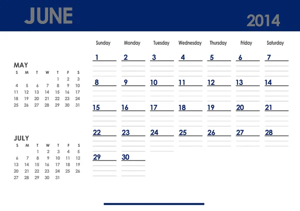 Monthly calendar for 2014 year - June. — Stock Photo, Image