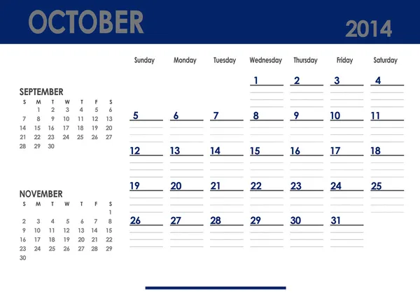 Monthly calendar for 2014 year - October. — Stock Photo, Image