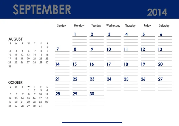 Monthly calendar for 2014 year - September. — Stock Photo, Image
