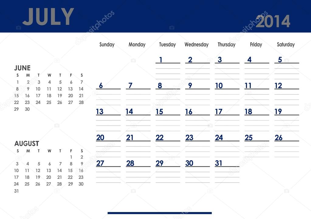 Monthly Calendar For 14 Year July Stock Photo By C Pola36