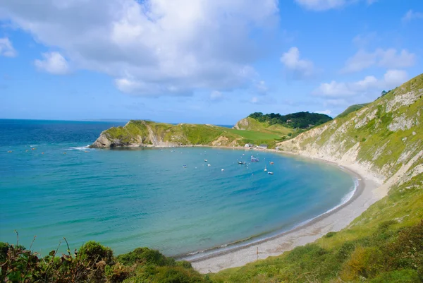Lulworth koyu mavi gökyüzü ile defne dorset