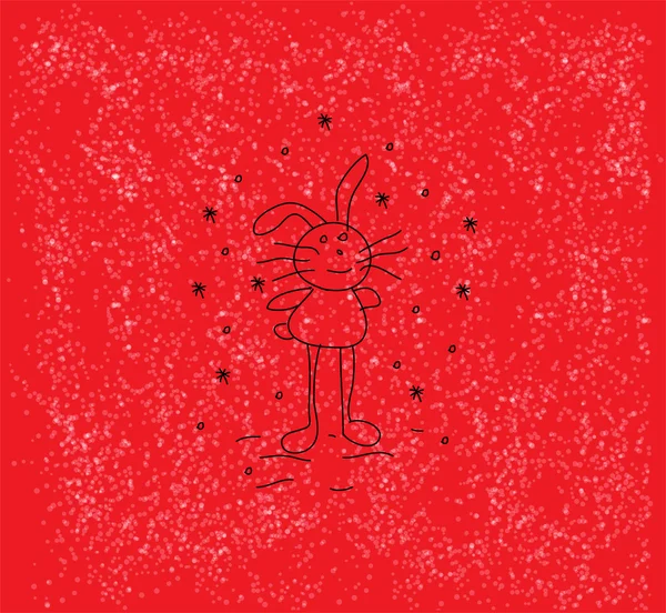 Ilustracja wektorowa mały królik na czerwonym tle z płatki śniegu — Wektor stockowy