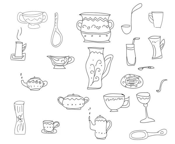 Gran conjunto de herramientas de cocina, boceto vectorial en líneas negras simples — Vector de stock