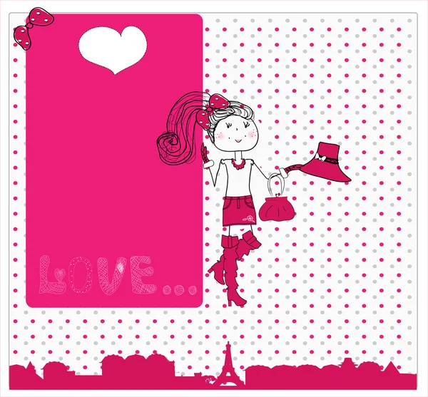 Cute girl in love in Paris. card. vector — Stock Vector