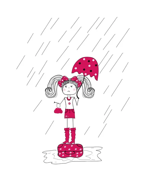 Lluvia y una niña con un vestido rosa. vector — Vector de stock