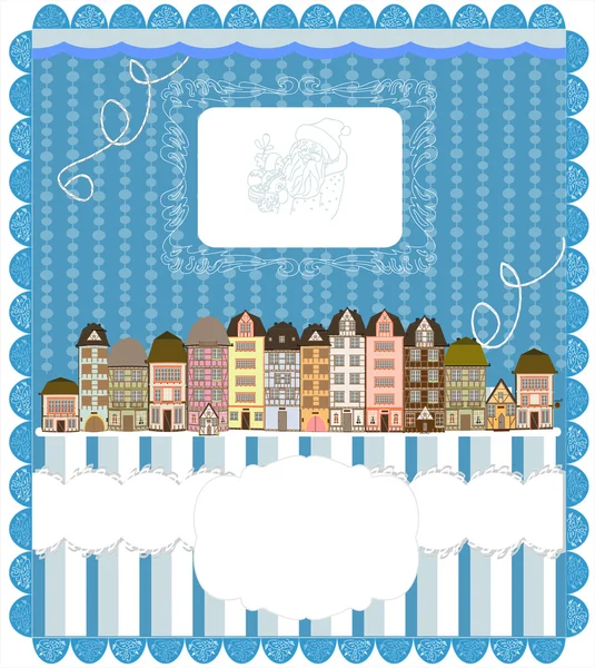 Carte de Noël, jolie petite ville en hiver — Image vectorielle