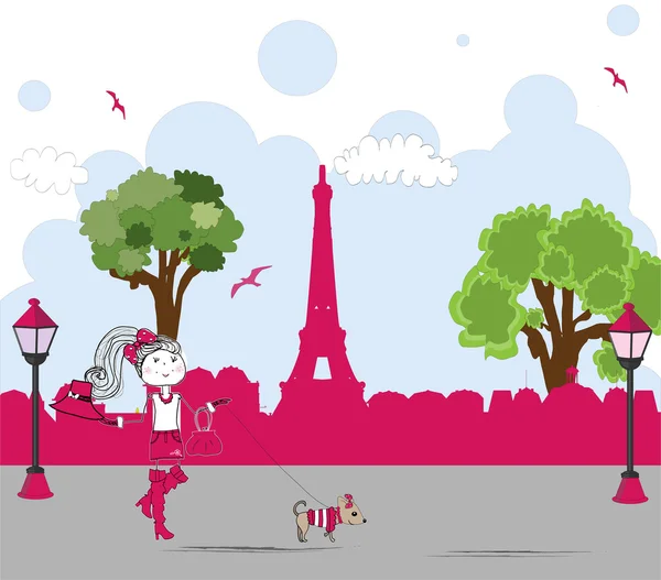 Fille avec petit chien mignon à Paris. vecteur — Image vectorielle