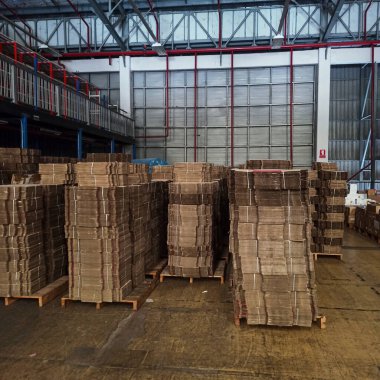 Depodaki ormanlık palet üzerindeki kutuları