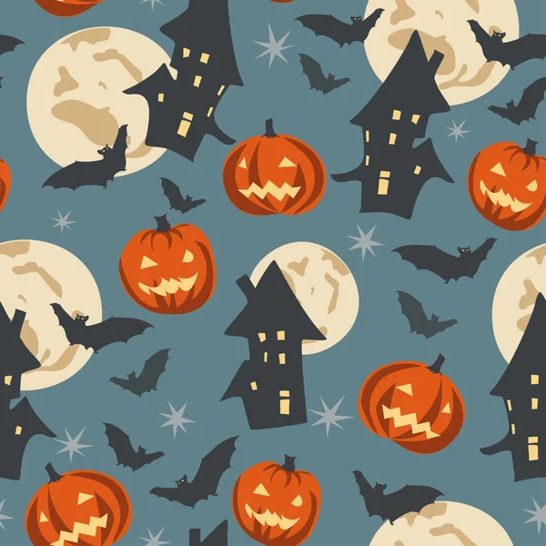 Somber Huis Vliegende Vleermuizen Brandende Pompoenen Naadloos Halloween Patroon Vector — Stockvector