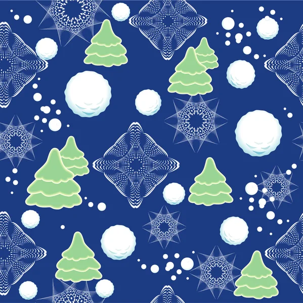 Patrón de invierno sin costuras con copos de nieve, bola de nieve, abeto — Archivo Imágenes Vectoriales