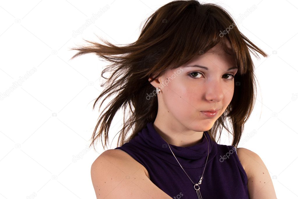 Young girl with wind blown hair