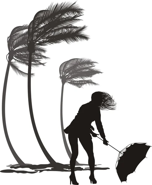 Female in the Windstorm and bent palms — Stock Vector