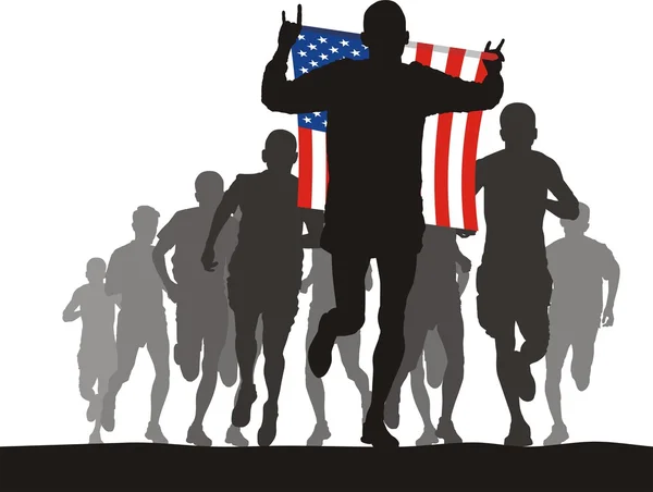 Vainqueur de la compétition d'athlétisme avec le drapeau américain à l'arrivée — Image vectorielle