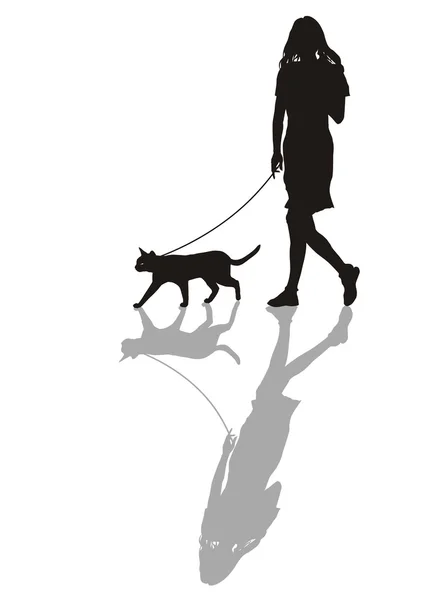 Femme avec un chat en laisse — Image vectorielle