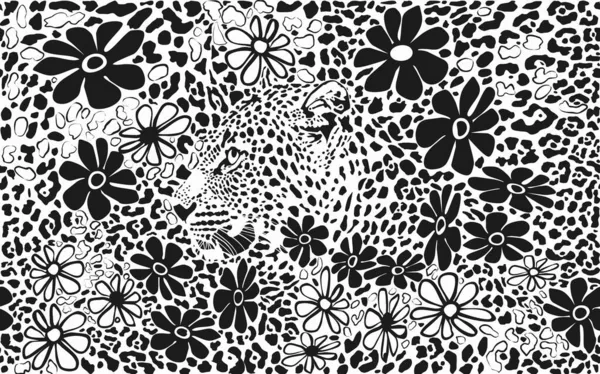 Desenho Preto Branco Fundo Camuflagem Leopardo Cabeça Leopardo Flores — Vetor de Stock