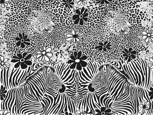Vektorové Bezešvé Vzor Kamufláží Leopard Zebra Hlavy Kreslenými Květy — Stockový vektor