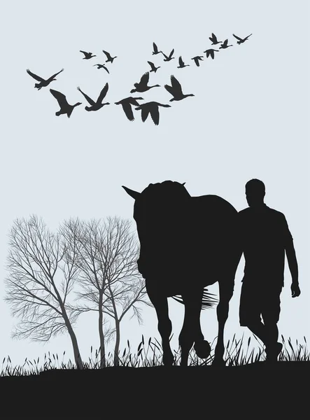 馬と一緒に自然の旅をする女性との風景のベクトル図 — ストックベクタ