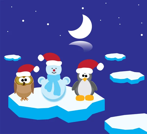 Búho vectorial, pingüino y muñeco de nieve en el témpano de hielo — Vector de stock