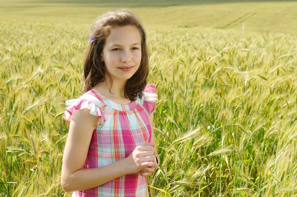 Young beautiful girl in a field of wheat — Stock Photo, Image