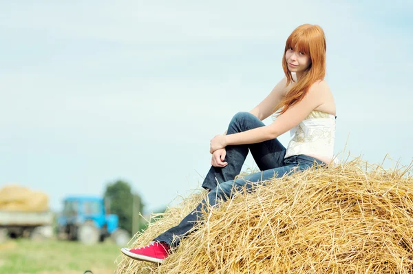Glada leende ung flicka sitter på en hö — Stockfoto
