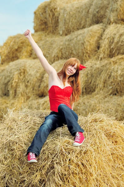 Happy smiling young girl sitting on a hay — Stock Photo, Image