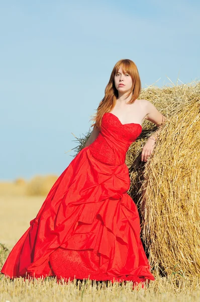 Bride in red wedding dress in a field — Stock Photo, Image