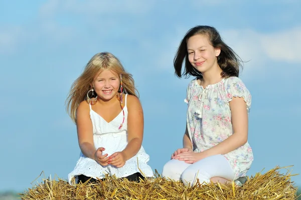 Two happy young girl friends enjoying the nature — Stock Photo, Image