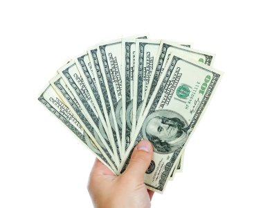 Beyaz bir arka plan üzerinde izole dolar ile erkek el