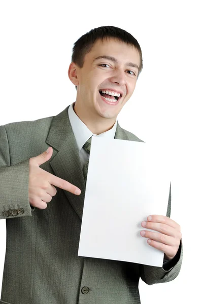 Young businessman holds blank signs — Stock Photo, Image