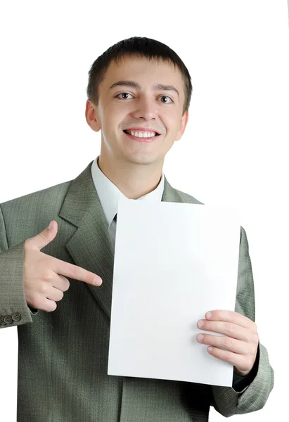 Joven hombre de negocios sostiene signos en blanco —  Fotos de Stock