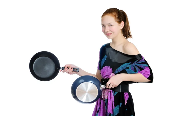 Shot of a funny girl housewife with a pan — Stock Photo, Image