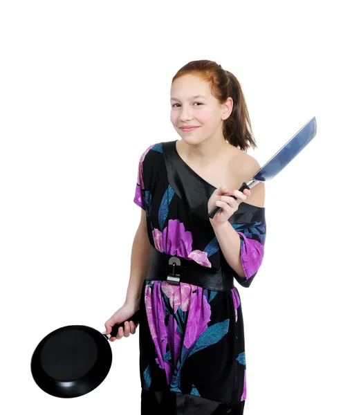 Shot of a funny girl housewife with a pan — Stock Photo, Image