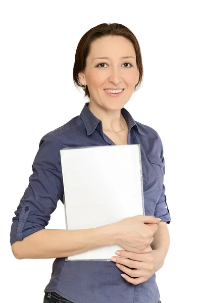 Attraktiva affärskvinna anläggning dokument — Stockfoto