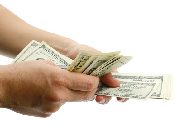 Mão mulher com notas de 100 dólares — Fotografia de Stock
