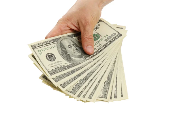 Mão mulher com notas de 100 dólares — Fotografia de Stock