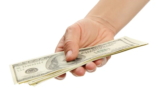 Vrouw hand met 100 dollarbiljetten — Stockfoto