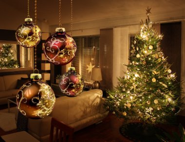 Christmas tree in modern living room clipart