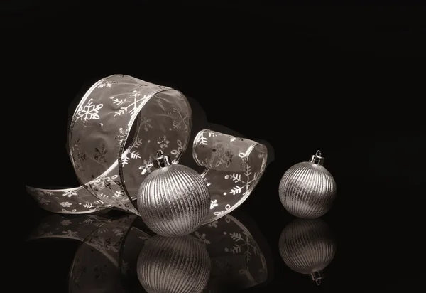 Silver ribbon and Christmas balls — Stock Photo, Image