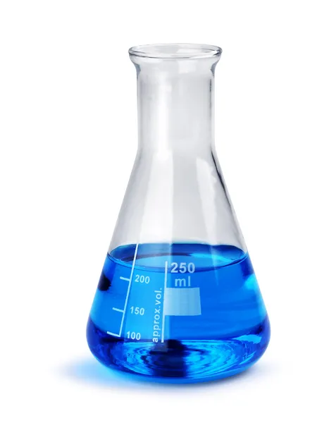 Labotatory glass beaker with blue liquid sample — Stock Photo, Image