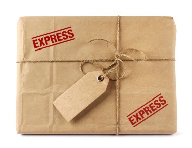 Brown mail delivery package with tag