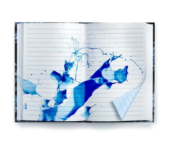 Blå minnen notebook bläck splash — Stockfoto