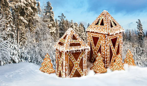 Pepparkakor stugor i snörik vinter landskap — Stockfoto