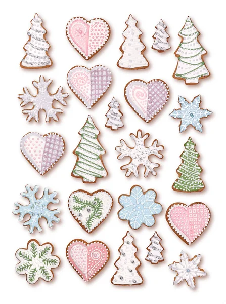 Sweet Christmas Gingerbread Cookies Collection Colorful Sugar Icing Decoration Isolated — Stock Photo, Image