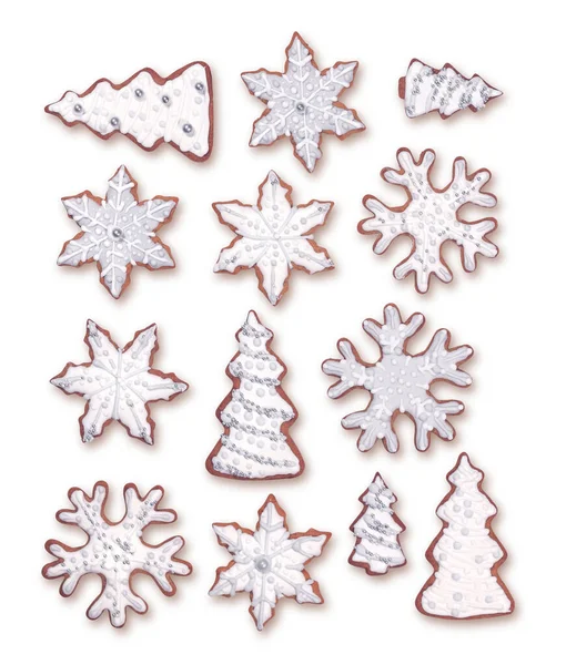 Sweet Christmas Gingerbread Cookies Collection White Sugar Icing Decoration Isolated — Zdjęcie stockowe