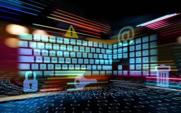 Colorful Digital Security Concept Binary Code Neon Keyboard Moving Blurred — Stock Photo, Image