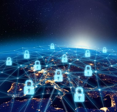 Dünya çapında dijital ağ veri güvenlik altyapısı kavramı. NASA tarafından desteklenen bazı unsurlar.