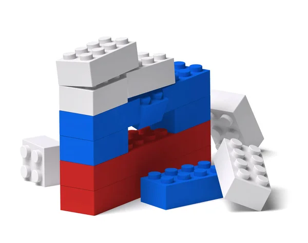 Plastikspielzeug Bausteinwand Mit Russischen Flaggenfarben Zerbrochen Und Eingestürzt Konfliktkonzept — Stockfoto