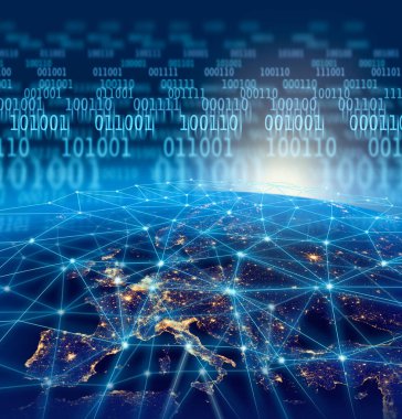Global digital network binary data flow in dark background, abstract technology concept. Some elements of the image furnished by NASA.